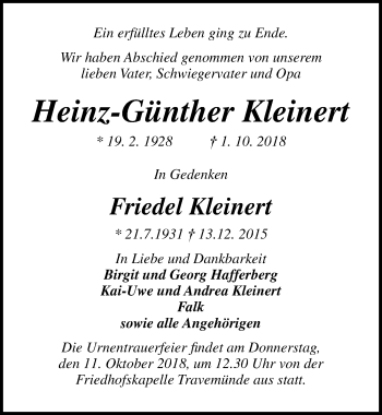 Traueranzeige von Heinz-Günther Kleinert von Lübecker Nachrichten