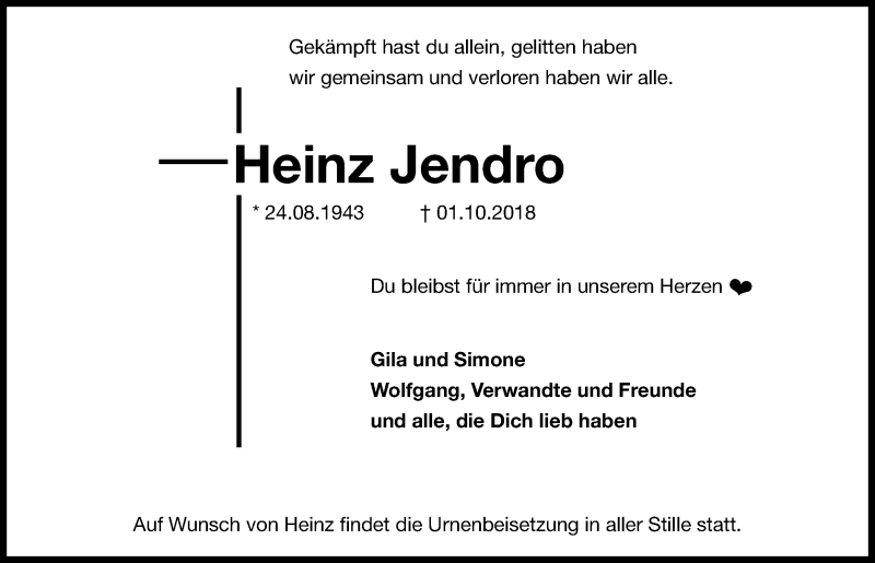  Traueranzeige für Heinz Jendro vom 06.10.2018 aus Kieler Nachrichten