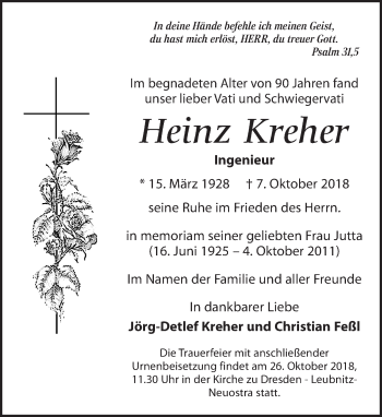 Traueranzeige von Heinz Kreher von Dresdner Neue Nachrichten