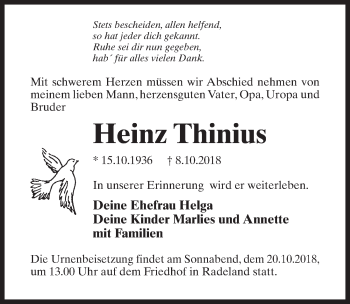 Traueranzeige von Heinz Thinius von Märkischen Allgemeine Zeitung