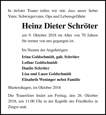 Traueranzeige von Heinz Dieter Schröter von Ostsee-Zeitung GmbH