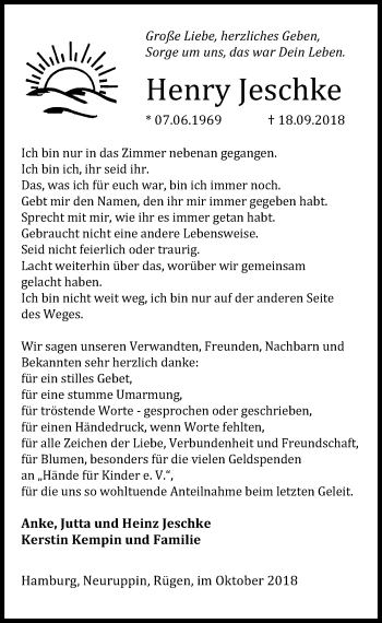 Traueranzeige von Henry Jeschke von Märkischen Allgemeine Zeitung