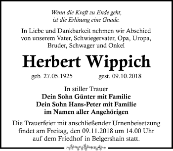 Traueranzeige von Herbert Wippich von Leipziger Volkszeitung