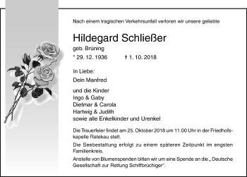 Traueranzeige von Hildegard Schließer von Lübecker Nachrichten