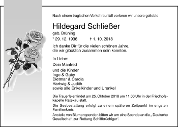 Traueranzeige von Hildegard Schließer von Lübecker Nachrichten