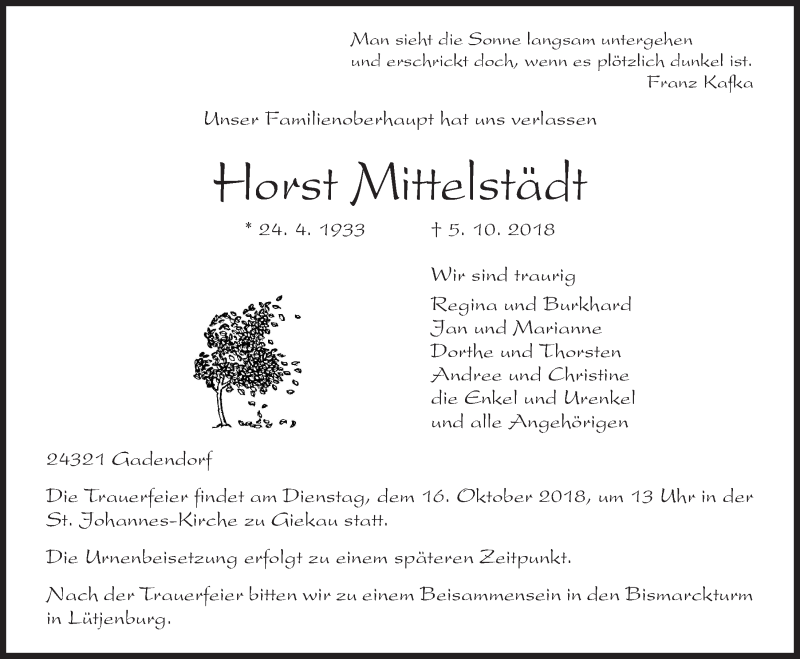  Traueranzeige für Horst Mittelstädt vom 10.10.2018 aus Kieler Nachrichten