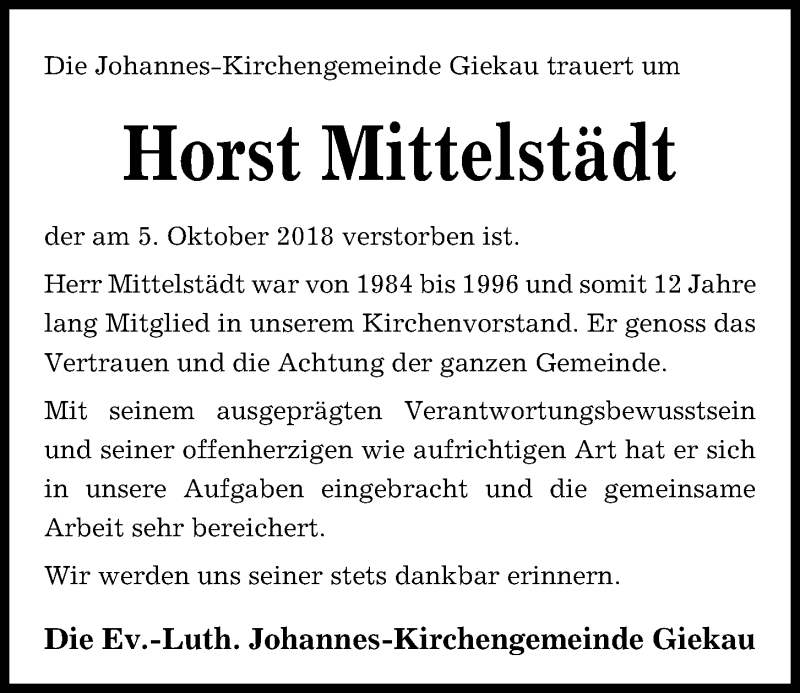  Traueranzeige für Horst Mittelstädt vom 10.10.2018 aus Kieler Nachrichten
