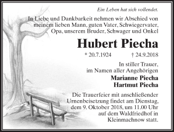 Traueranzeige von Hubert Piecha von Märkischen Allgemeine Zeitung