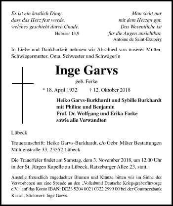 Traueranzeige von Inge Garvs von Lübecker Nachrichten