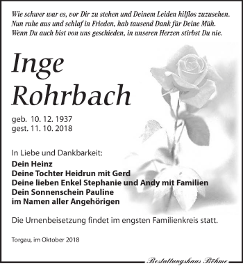 Traueranzeige von Inge Rohrbach von Torgauer Zeitung