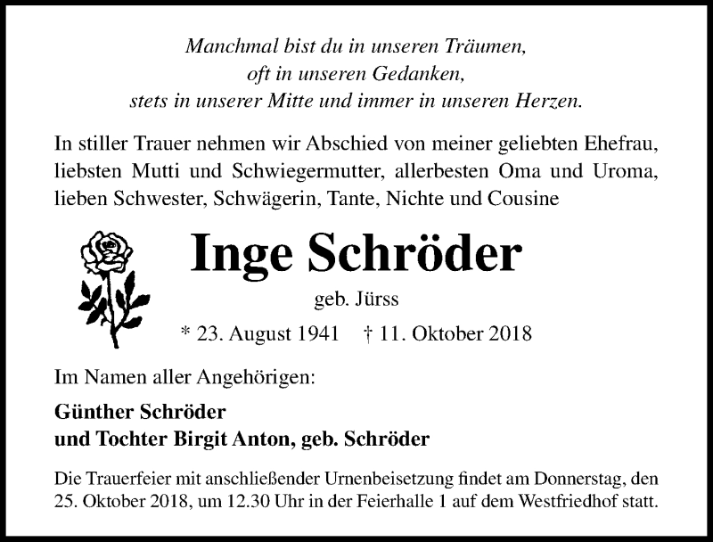  Traueranzeige für Inge Schröder vom 20.10.2018 aus Ostsee-Zeitung GmbH