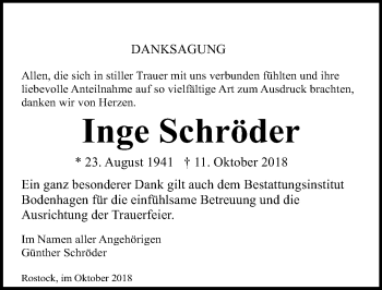 Traueranzeige von Inge Schröder von Ostsee-Zeitung GmbH