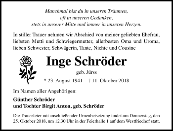 Traueranzeige von Inge Schröder von Ostsee-Zeitung GmbH