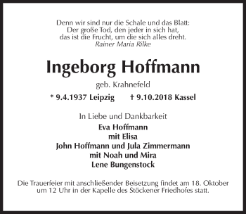 Traueranzeige von Ingeborg Hoffmann von Hannoversche Allgemeine Zeitung/Neue Presse