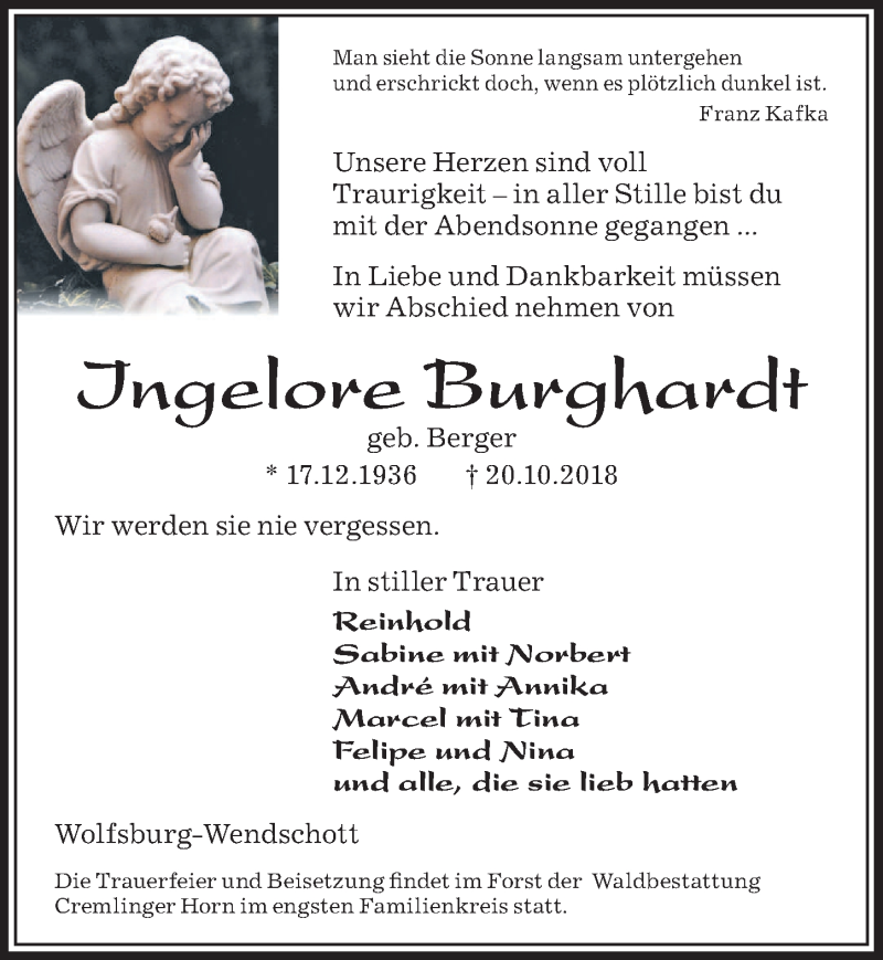  Traueranzeige für Ingelore Burghardt vom 27.10.2018 aus Aller Zeitung