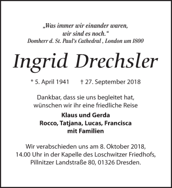 Traueranzeige von Ingrid Drechsler von Dresdner Neue Nachrichten