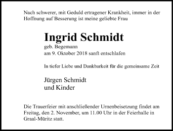 Traueranzeige von Ingrid Schmidt von Ostsee-Zeitung GmbH