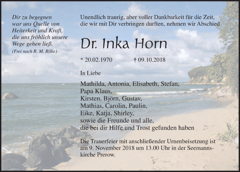  Traueranzeige für Inka Horn vom 13.10.2018 aus Ostsee-Zeitung GmbH