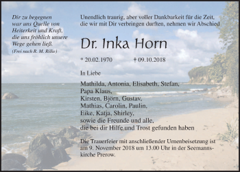 Traueranzeige von Inka Horn von Ostsee-Zeitung GmbH