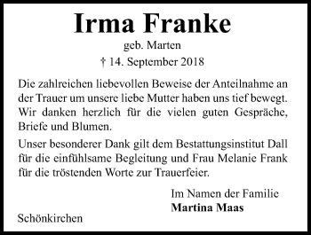 Traueranzeige von Irma Franke von Kieler Nachrichten