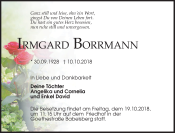 Traueranzeige von Irmgard Borrmann von Märkischen Allgemeine Zeitung