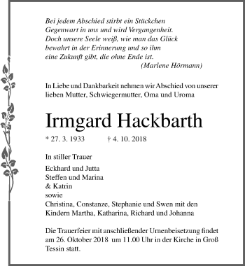 Traueranzeige von Irmgard Hackbarth von Ostsee-Zeitung GmbH