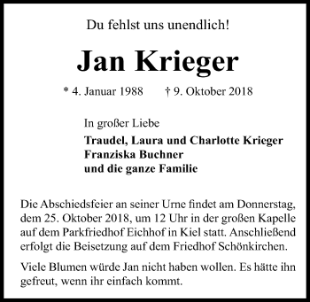 Traueranzeige von Jan Krieger von Kieler Nachrichten