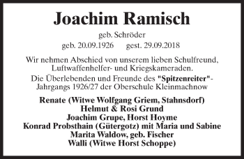 Traueranzeige von Joachim Ramisch von Märkischen Allgemeine Zeitung