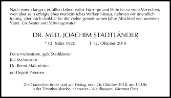 Traueranzeige von Joachim Stadtländer von Hannoversche Allgemeine Zeitung/Neue Presse