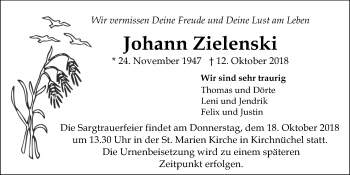 Traueranzeige von Johann Zielenski von Kieler Nachrichten