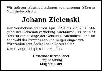 Traueranzeige von Johann Zielenski von Kieler Nachrichten