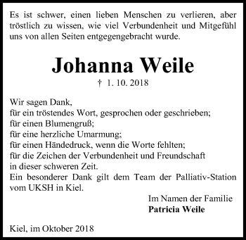 Traueranzeige von Johanna Weile von Kieler Nachrichten