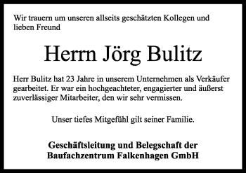 Traueranzeige von Jörg Bulitz von Märkischen Allgemeine Zeitung