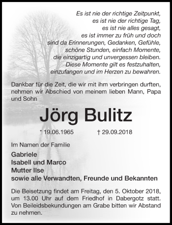 Traueranzeige von Jörg Bulitz von Märkischen Allgemeine Zeitung