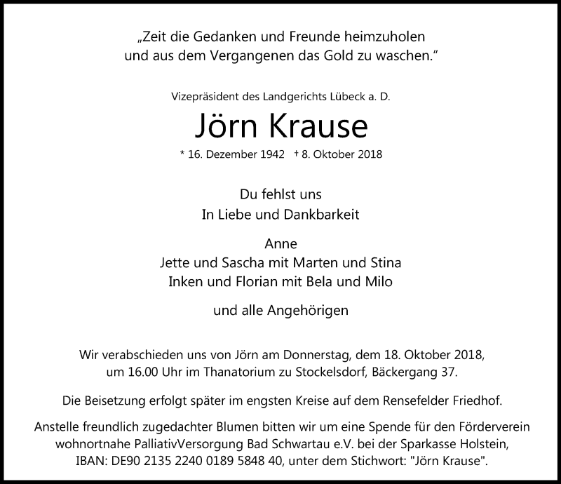  Traueranzeige für Jörn Krause vom 14.10.2018 aus Lübecker Nachrichten