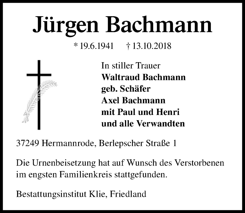  Traueranzeige für Jürgen Bachmann vom 22.10.2018 aus Göttinger Tageblatt