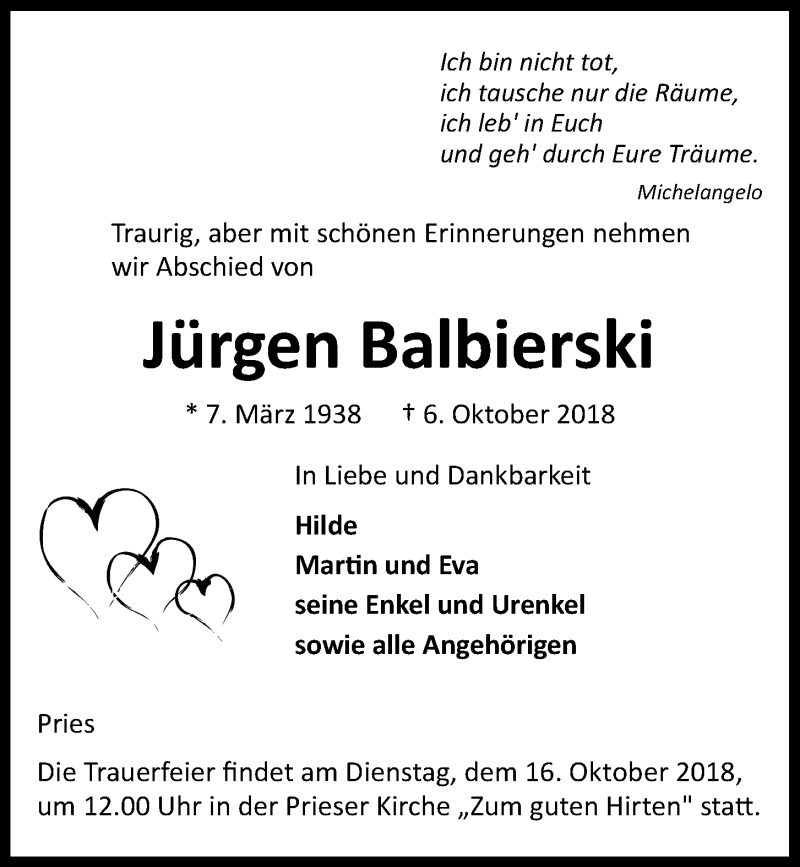  Traueranzeige für Jürgen Balbierski vom 13.10.2018 aus Kieler Nachrichten