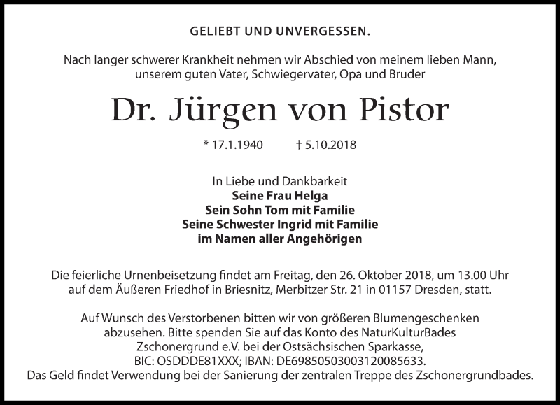  Traueranzeige für Jürgen von Pistor vom 13.10.2018 aus Dresdner Neue Nachrichten