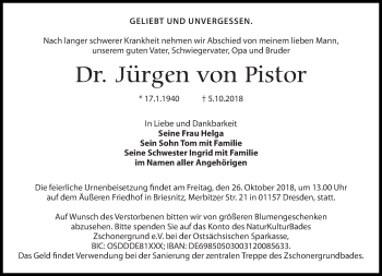 Traueranzeige von Jürgen von Pistor von Dresdner Neue Nachrichten