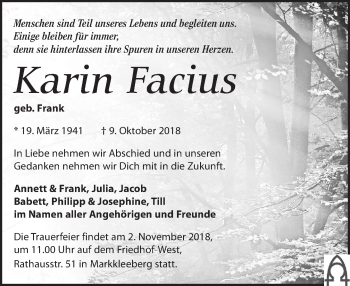 Traueranzeige von Karin Facius von Leipziger Volkszeitung