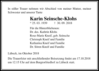 Traueranzeige von Karin Seinsche-Klohs von Lübecker Nachrichten