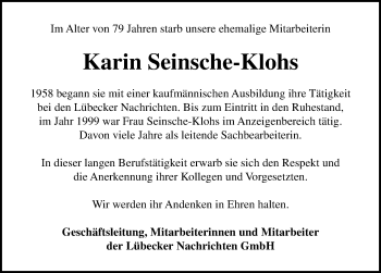 Traueranzeige von Karin Seinsche-Klohs von Lübecker Nachrichten