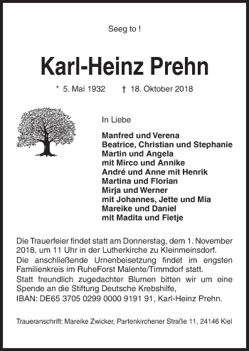 Traueranzeige von Karl-Heinz Prehn von Kieler Nachrichten