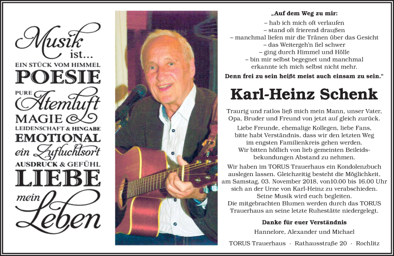  Traueranzeige für Karl-Heinz Schenk vom 20.10.2018 aus Leipziger Volkszeitung