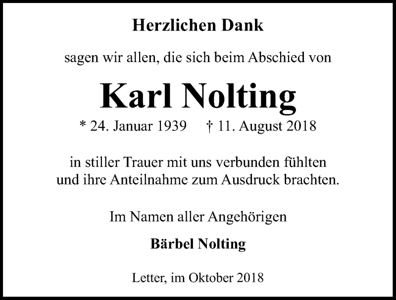  Traueranzeige für Karl Nolting vom 13.10.2018 aus Hannoversche Allgemeine Zeitung/Neue Presse