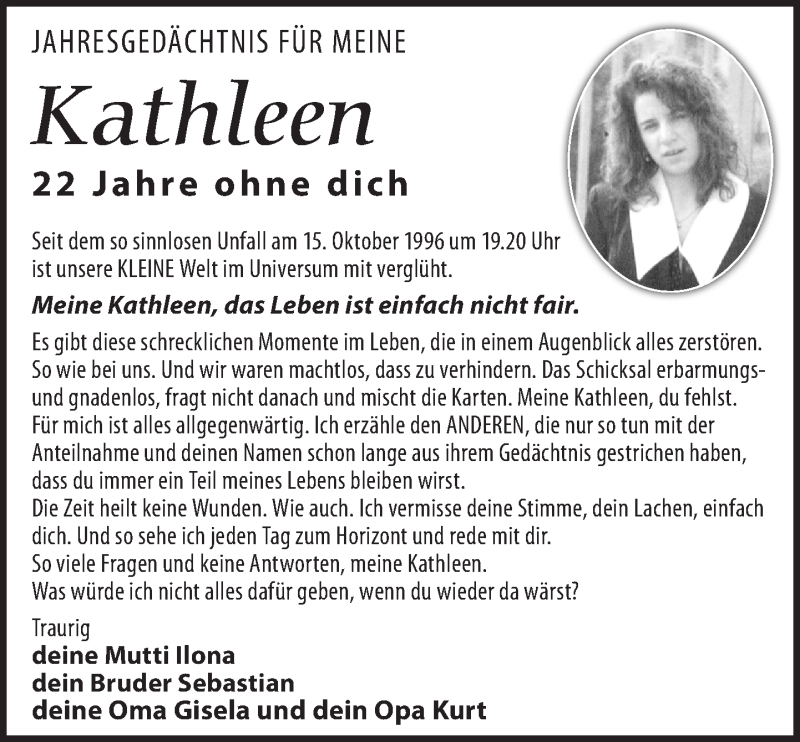  Traueranzeige für verunglückt Kathleen Kunert vom 15.10.2018 aus Leipziger Volkszeitung