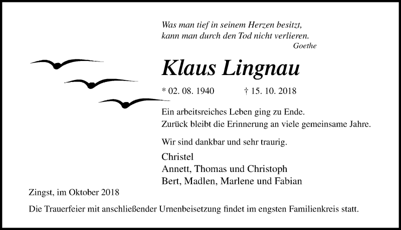  Traueranzeige für Klaus Lingnau vom 20.10.2018 aus Ostsee-Zeitung GmbH