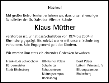 Traueranzeige von Klaus Müther von Märkischen Allgemeine Zeitung