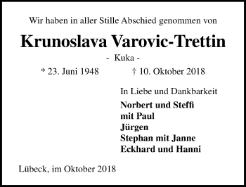 Traueranzeige von Krunoslava Varovic-Trettin von Lübecker Nachrichten