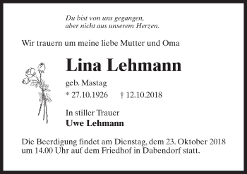 Traueranzeige von Lina Lehmann von Märkischen Allgemeine Zeitung